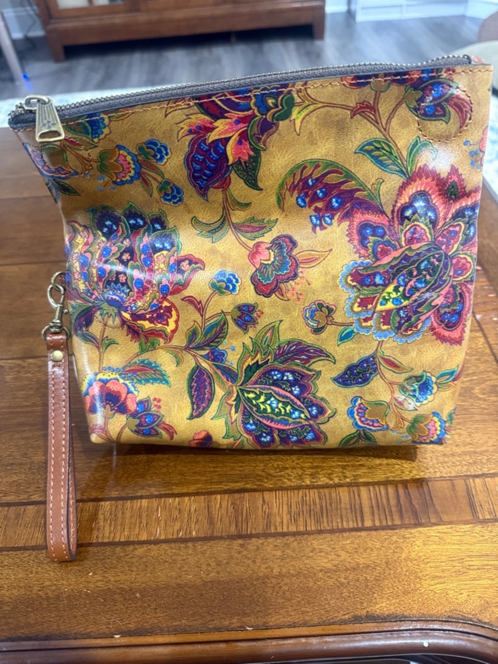Patricia Nash Floral Leather Wristlet Clutch Mustard Vintage Boho Tooled Pouch - Picture 2 of 6